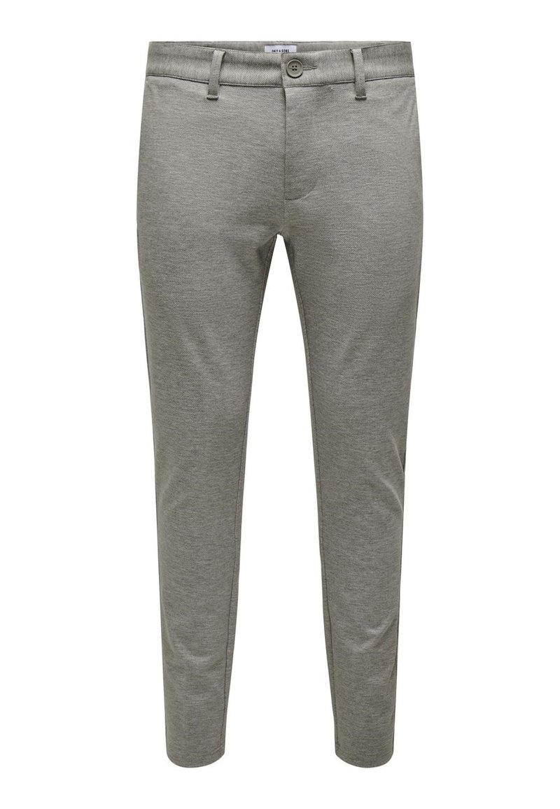 Hellgraue Hosen aus elastischem Stoff, mit Knopfverschluss, schlanker Passform und glatter Textur mit einem subtilen Melange-Muster.