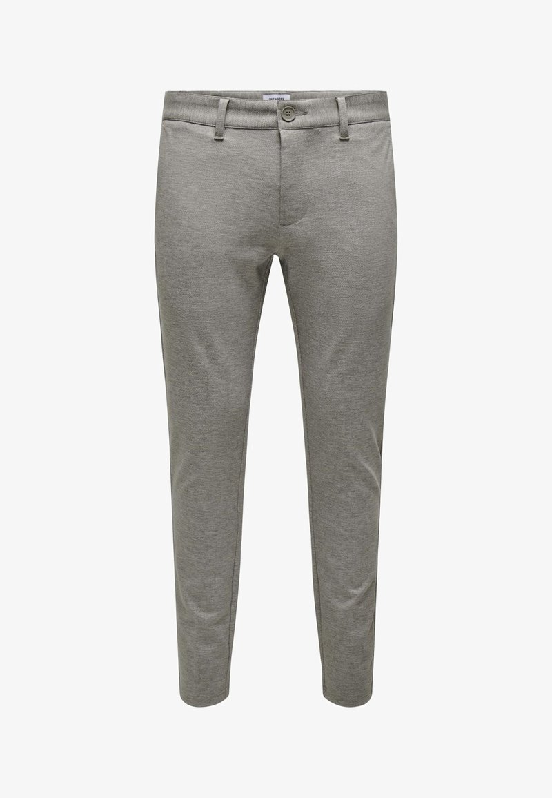 Hellgraue Hosen aus elastischem Stoff, mit Knopfverschluss, schlanker Passform und glatter Textur mit einem subtilen Melange-Muster.