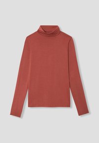 Haut à manches longues et col roulé en tissu rouge rouille avec une texture lisse. Design ajusté avec un col haut et peu de détails.