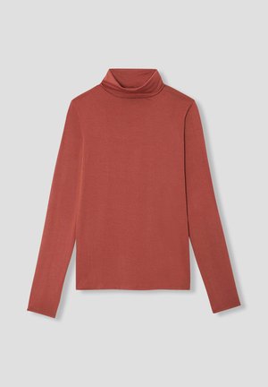 Haut à manches longues et col roulé en tissu rouge rouille avec une texture lisse. Design ajusté avec un col haut et peu de détails.