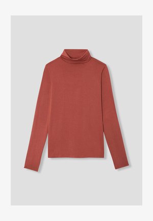 Haut à manches longues et col roulé en tissu rouge rouille avec une texture lisse. Design ajusté avec un col haut et peu de détails.