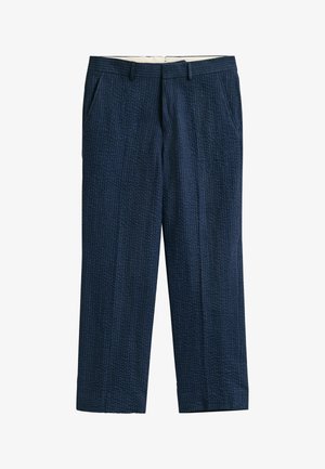 Pantalon droit bleu marine texturé avec poches avant et taille munie de passants pour ceinture.