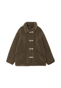Olivgrüne Fleecejacke mit kragen, drei Knopfverschlüssen und seitlichen Taschen. Der Stoff hat eine weiche, strukturierte Oberfläche.