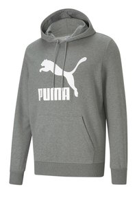Sudadera gris con capucha, bolsillo canguro en el frente y puños de canalé. Presenta un gran logo blanco de Puma en el pecho.