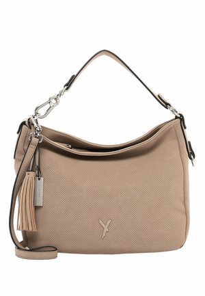 Light brown perforated shoulder bag with detachable strap, silver clasps, tassel detail, and small bird-shaped logo on front.