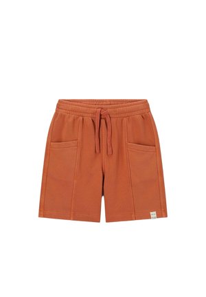 Rustkleurige casual shorts met elastische tailleband, voorstrik, twee voorzakken en een klein label aan de onderzoom.