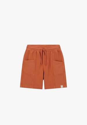 Rustkleurige casual shorts met elastische tailleband, voorstrik, twee voorzakken en een klein label aan de onderzoom.