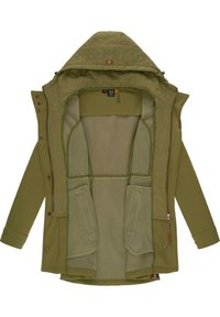 Olivgrön jacka med quiltad huva, fleecefoder, tryckknappar och flera innerfickor. Slät textur, funktionell design.