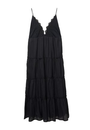 Robe noire à volants en tissu léger, dotée d'un col en V orné de dentelle et de fines bretelles. Ample avec des volants en couches au niveau de l'ourlet.