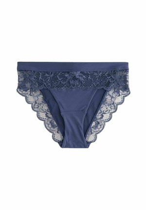 Marineblaue Unterwäsche mit einem floralen Spitzenbund und gewellten Kanten. Glatter Stoffkörper, feine Spitzenverzierung in einem helleren Blauton.