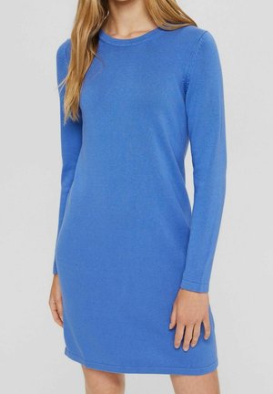 Blaues langärmliges Kleid mit Rundhalsausschnitt, gerippter Textur, körpernaher Silhouette und knielangem Saum. Nahtdetails an Ärmeln und Seiten.