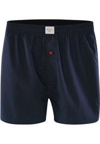 Námořnické bavlněné boxerky s elastickým pasem, které mají vpředu červený knoflík a hladkou, prodyšnou texturu.