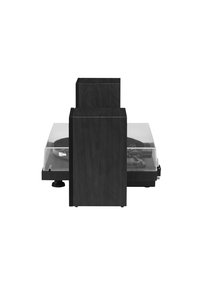 Black wooden turntable with a transparent dust cover, featuring a minimalist rectangular design and visible tonearm and platter.