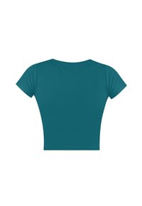Teal gekürztes T-Shirt aus glattem Stoff mit kurzen Ärmeln und rundem Ausschnitt, das ein einfaches, einfarbiges Design aufweist.