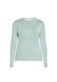 Mintgroene lange mouwen cardigan, geribbelde textuur, met knopen aan de voorkant en een ronde hals. Gemaakt van zacht, lichtgewicht materiaal.