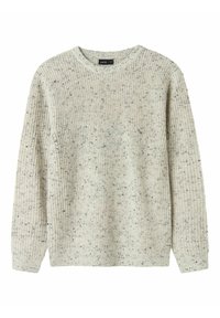 Hellgrauer, gestrickter Pullover mit gerippter Textur, rundem Halsausschnitt und dezentem gesprenkeltem Muster. Lange Ärmel und normale Passform.
