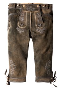 Braune Leder-Shorts mit gestickten Blumenmustern. Verfügt über dekorative Knöpfe und Schleifen am Saum, strukturierten Oberflächen und eine taillierte Passform.