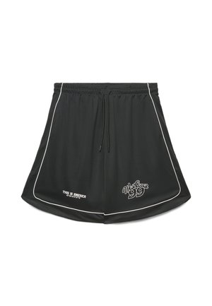 Pantaloncini sportivi in mesh nero con bordature bianche, vita elastica, coulisse e testo bianco con le scritte "West Coast 99" e "This is America".
