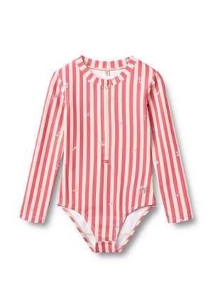 Maillot de bain à manches longues rayé rouge et blanc avec une fermeture éclair à l'avant et de petits accents floraux. Fabriqué en tissu extensible et à séchage rapide.
