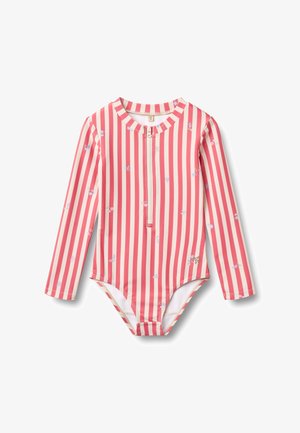 Rødt og hvitt stripete badedrakt med lange ermer, frontglidelås og små blomsterdetaljer. Laget av elastisk, hurtig tørkende stoff.
