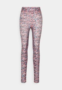 Legginsy w kwiatowy wzór z szerokim pasem, w odcieniach różu, niebieskiego i czarnego, w elastycznym, dopasowanym fasonie.