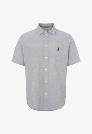 Srajca s kratkimi rokavi, modro-bela črtasta, s klasičnim ovratnikom in majhnim logotipom na levi prsni strani. Mehka tekstura tkanine.