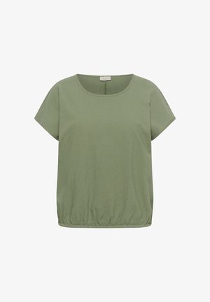 Løs, kortærmet bluse i lys olivengrøn med rund halsudskæring og detaljer med rynket kant.
