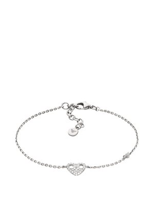 Sølvarmbånd med kædedesign og et hjerteformet vedhæng pyntet med klare ædelsten, sikker lukning og forlængerkæde.