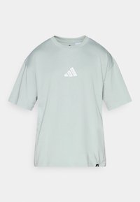 Φαρδύ μπλουζάκι ανοιχτού πράσινου χρώματος από απαλό βαμβάκι. Διαθέτει στρογγυλή λαιμόκοψη και κοντά μανίκια, με ένα μικρό λευκό λογότυπο στο μπροστινό μέρος.