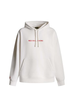 Weißer Kapuzenpullover mit einer Fronttasche, versehen mit einem roten "RED BULL RACING" Logo auf der Brust und gerippten Bündchen. Weicher Stoff, normale Passform.