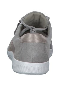 Gray suede sneaker with a smooth metallic accent, rounded shape, textured sole, and contrasting white outsole. Laced design at the back.