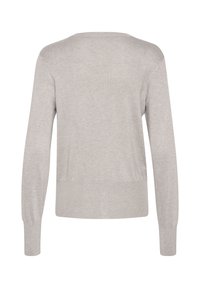 Pull en maille gris clair avec un col rond, des manches longues et une coupe ajustée à la taille. Texture douce avec un minimum de détails.