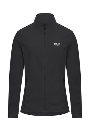 Zwarte softshelljas met een hoge kraag, een volledige ritssluiting en twee zijzakken. Heeft het Jack Wolfskin-logo op de linkerborst. Gladde textuur.
