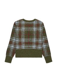 Zöld kötött pulóver piros és fehér kockás mintával, hosszú ujjal, kerek nyakkivágással, bordázott mandzsettával és aljjal, hátulról bemutatva.