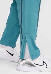 Γαλαζοπράσινο αθλητικό παντελόνι με στενή εφαρμογή, λεπτομέρειες με πλαϊνές σχισμές και μαύρες λεπτομέρειες. Φορεμένο με λευκά παπούτσια Nike με ριγέ μοτίβο.