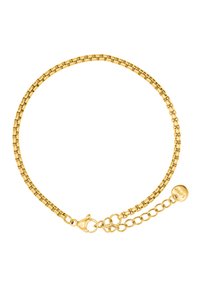 Bracciale in oro con maglie intrecciate, chiusura a gabbiano, catena di lunghezza regolabile e un piccolo tag rotondo attaccato.