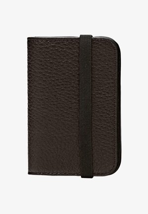 Black, textured leather wallet with a vertical design. Features a black elastic strap for closure and contrasting stitching along the edges.