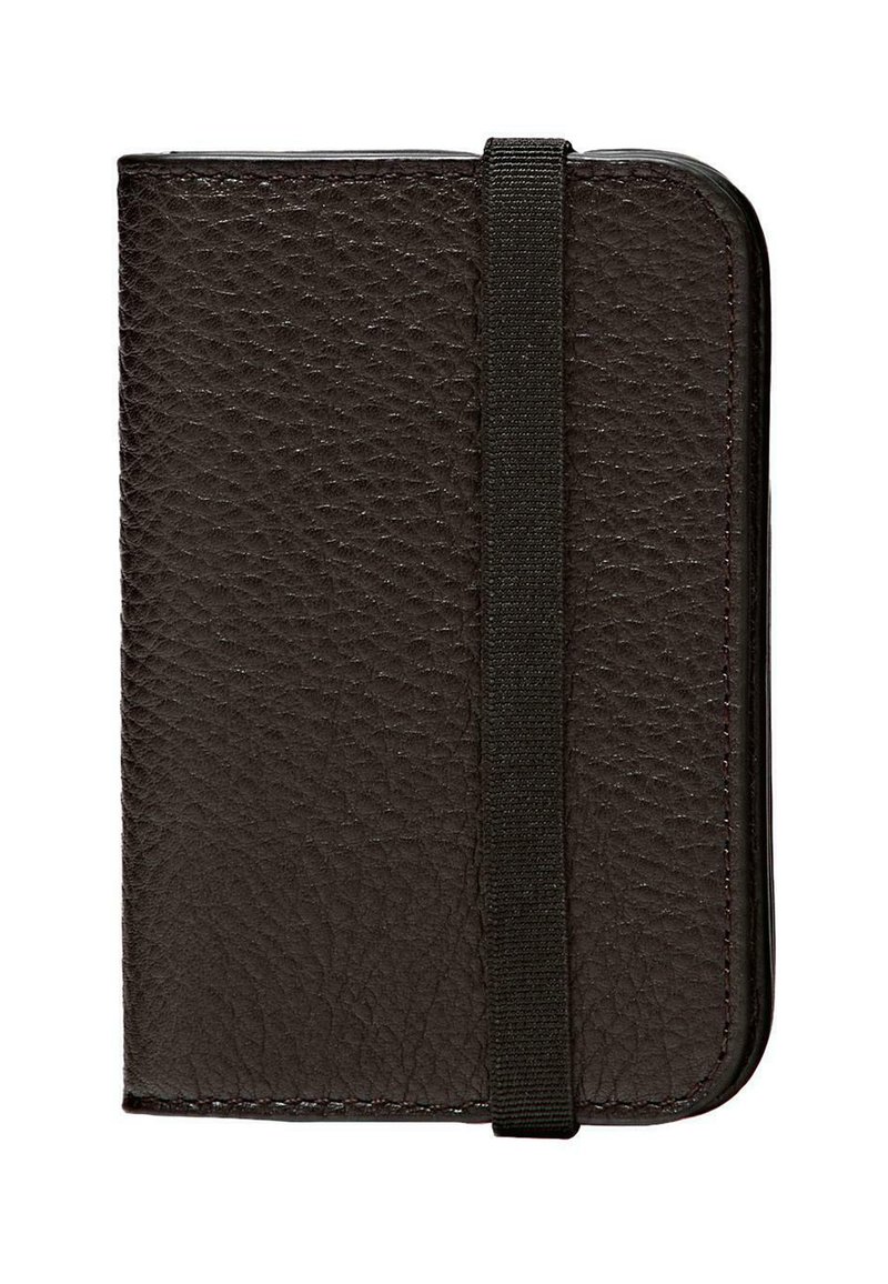 Zwarte, getextureerde leren portemonnee met een verticaal ontwerp. Voorzien van een zwarte elastische sluiting en contrasterende stiksels langs de randen.
