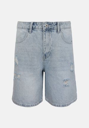 Lichtblauwe denim short met voorzakken, riemlussen, knoopsluiting en versleten plekken op de dijen.