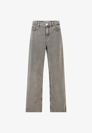 Grijze denim jeans met rechte pijpen, voorzakken, riemlussen en knoopsluiting op een witte achtergrond.