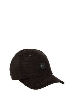 Casquette de baseball en velours côtelé brun foncé avec une visière incurvée et une petite étiquette rectangulaire "Brax" à l'avant.