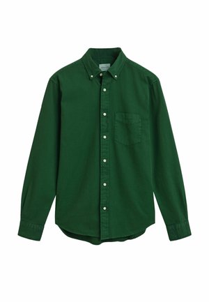 Chemise verte à col pointu, avec une poche poitrine et des manches longues. Fabriquée en coton avec une texture lisse et de couleur unie.