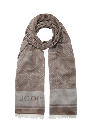 Écharpe marron claire avec un motif floral blanc, logo "JOOP!" près du bas, et bords frangés, présentée à plat et enroulée en haut.