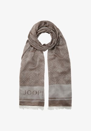 Scarf color marrone chiaro con motivo floreale bianco, logo "JOOP!" vicino al fondo e bordi frangiati, esposto piatto e annodato nella parte superiore.