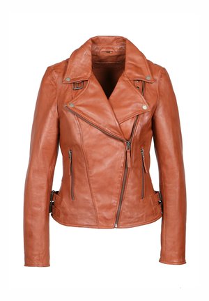 Veste de moto en cuir marron avec un design ajusté, zip asymétrique, épaulettes et deux poches zippées. Texture lisse.