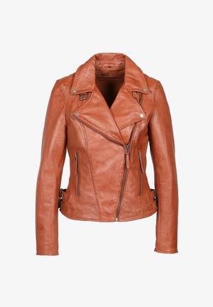 Veste de moto en cuir marron avec un design ajusté, zip asymétrique, épaulettes et deux poches zippées. Texture lisse.