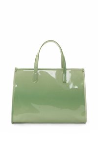 Borsa a mano in pelle verniciata verde lucida con due manici, forma rettangolare, superficie liscia e design minimalista. Senza ulteriori decorazioni.