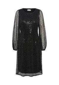 Robe noire en tissu transparent avec un motif texturé et des détails en sequins. Elle présente des manches longues et un col rond.