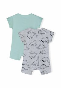 Deux bodies pour bébés : l'un en vert menthe à manches courtes et l'autre en gris avec un motif de dinosaure en noir. Matière en coton, design décontracté.