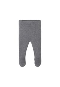 Gray knitted leggings with a soft texture, featuring closed feet. The design includes a ribbed waistband and seamless construction.